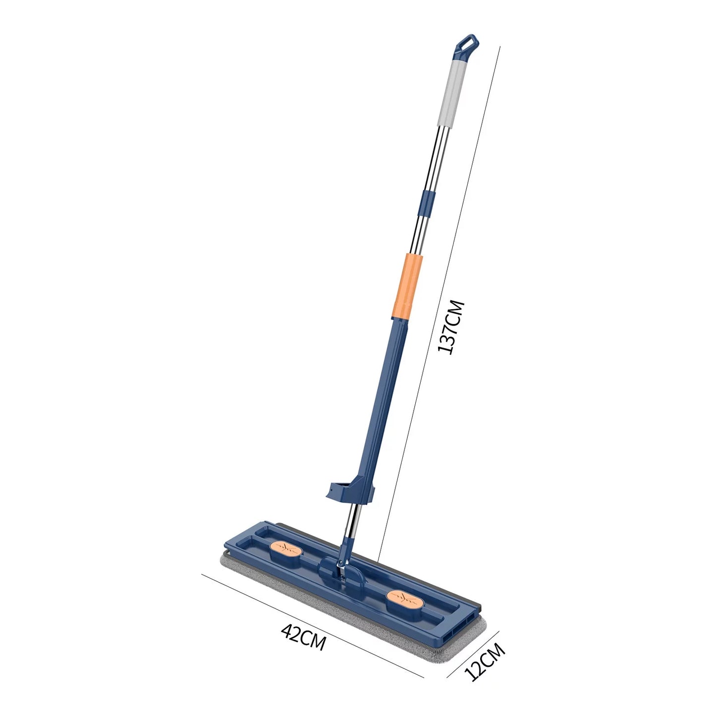 This is a large flat mop for wet and dry use, measuring 54 inches with microfiber pads.
